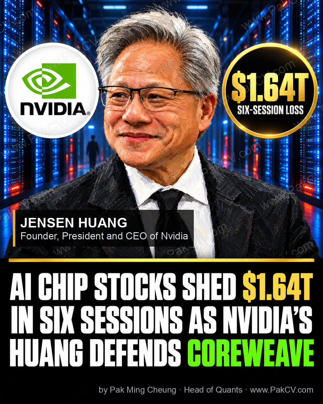 AI chip stocks shed $1.64 trillion in six sessions as Nvidia's Huang defends CoreWeave's financing.
