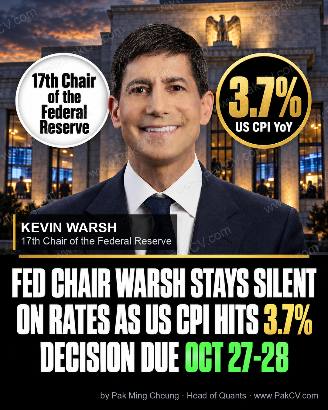 Fed Chair Kevin Warsh stays silent on rates as US CPI hits 3.7%, with a decision due October 27-28.